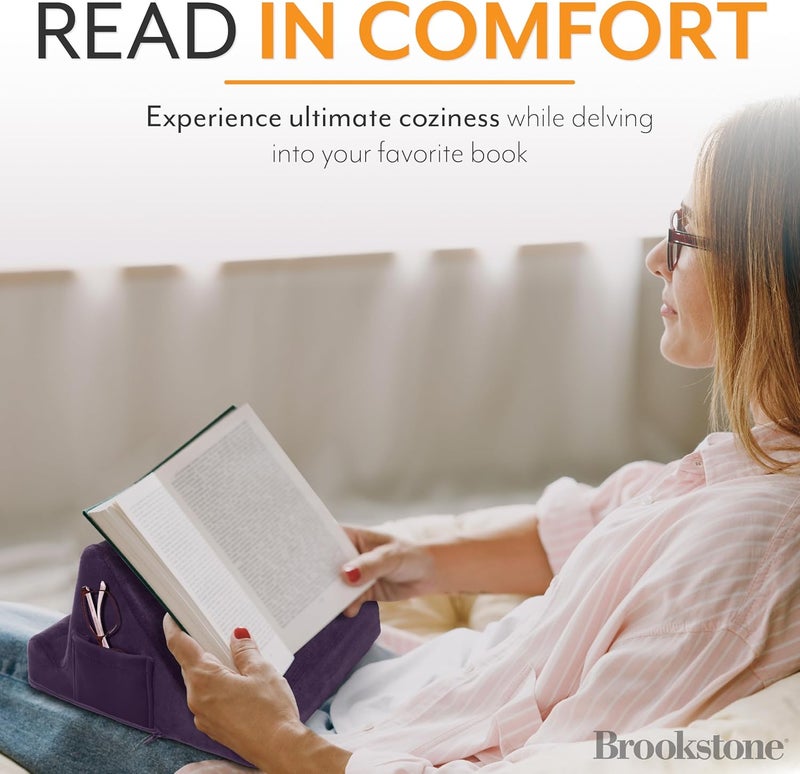 Brookstone , Memory Foam Lap Desk Tablet Holder, Holds Phones, iPads, E-Book Readers, 2 Viewing Angles, 2 Side Pockets for Accessories, Book Holder Cushion, Perfect Home, Car Travel Flights, Purple - Image 4